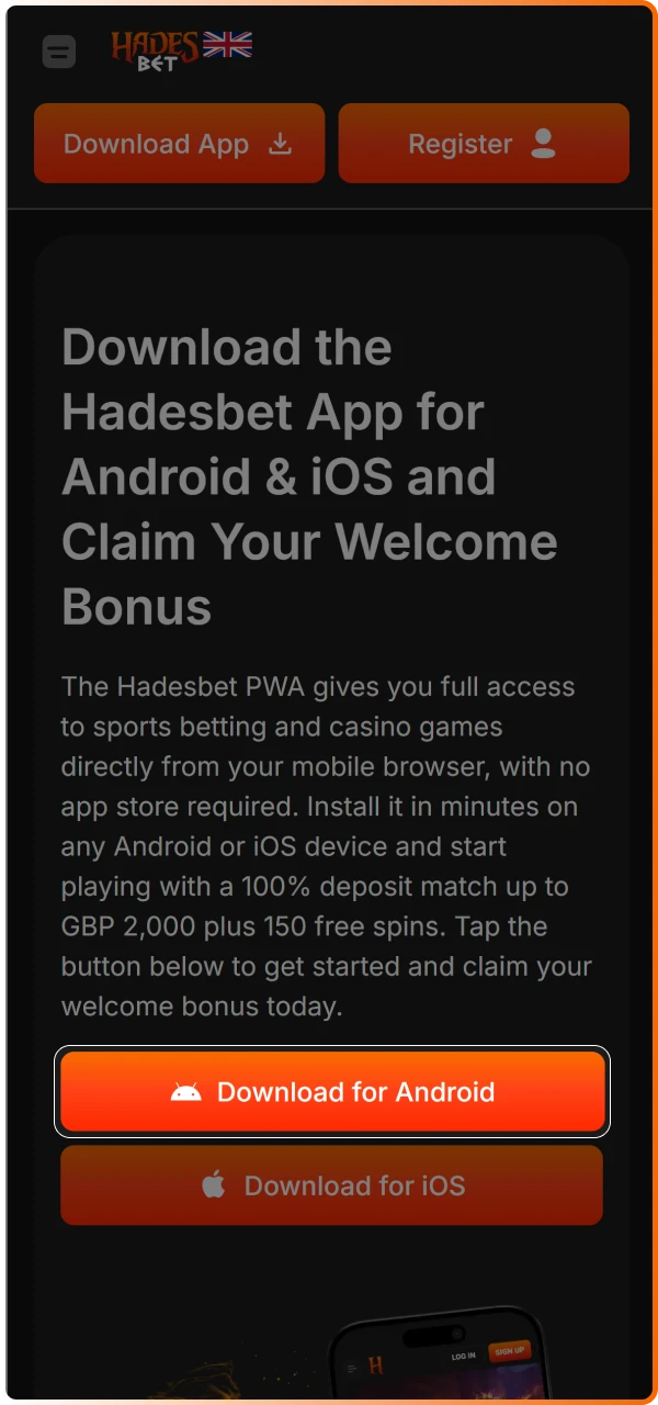 Tap the Android download button to begin the quick installation of the Hadesbet PWA.
