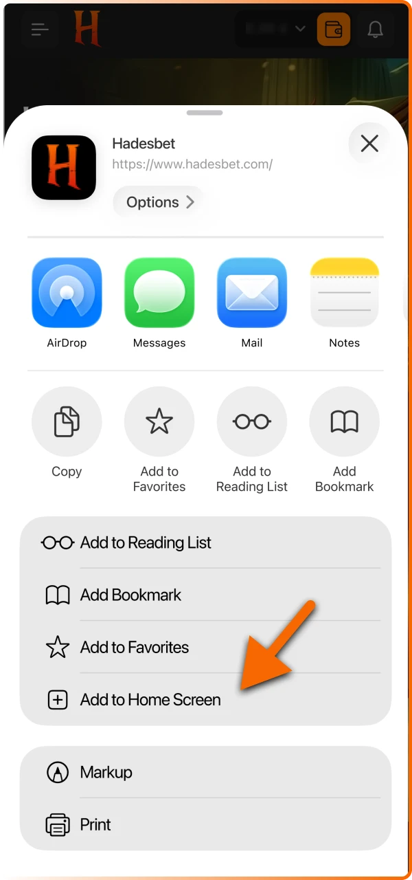 Add to home screen to create a direct shortcut for the Hadesbet PWA on your iOS dashboard.