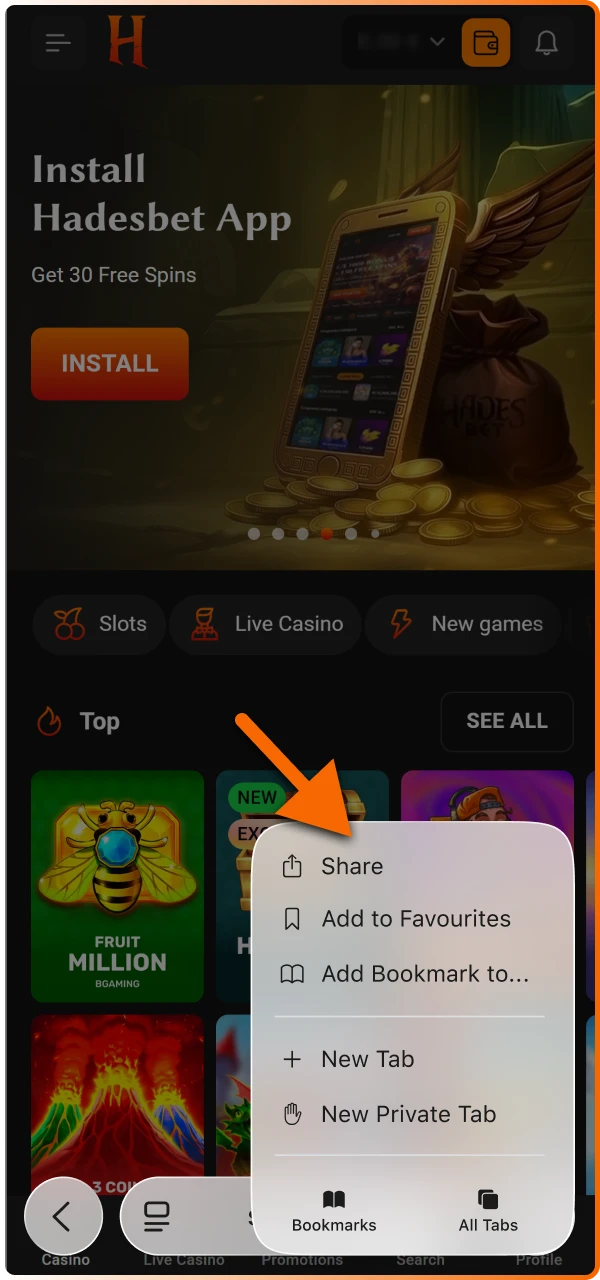 Share in Safari to access the browser options for the Hadesbet mobile platform.
