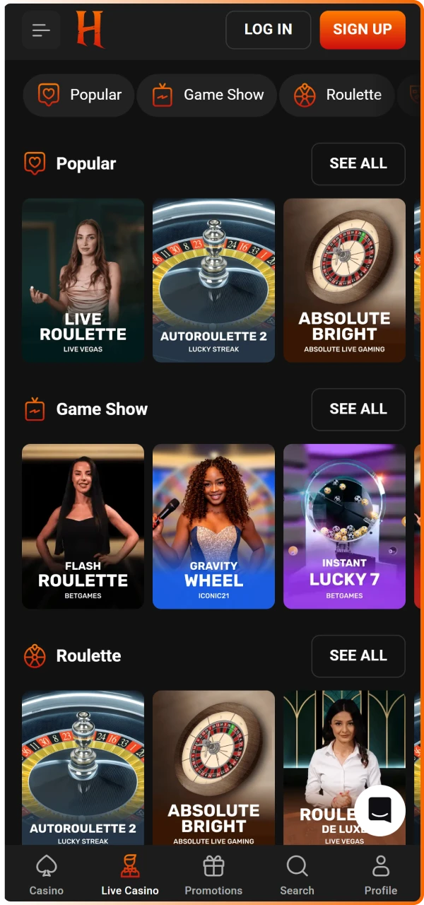 Enter the Hadesbet app live casino lobby to play with real dealers in high definition.