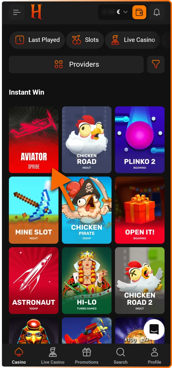 Find Aviator by searching the games library or checking the specialty games section for the red plane icon.