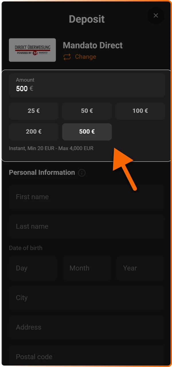 Enter your deposit amount while ensuring it meets the minimum requirement for the current welcome promotion.