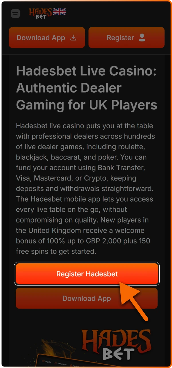 Click the registration button to create your profile and access the full suite of live dealer games.