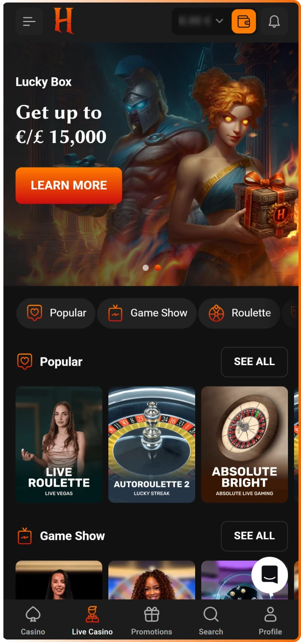 Open a live table from the lobby to start betting and interacting with dealers in high-definition.