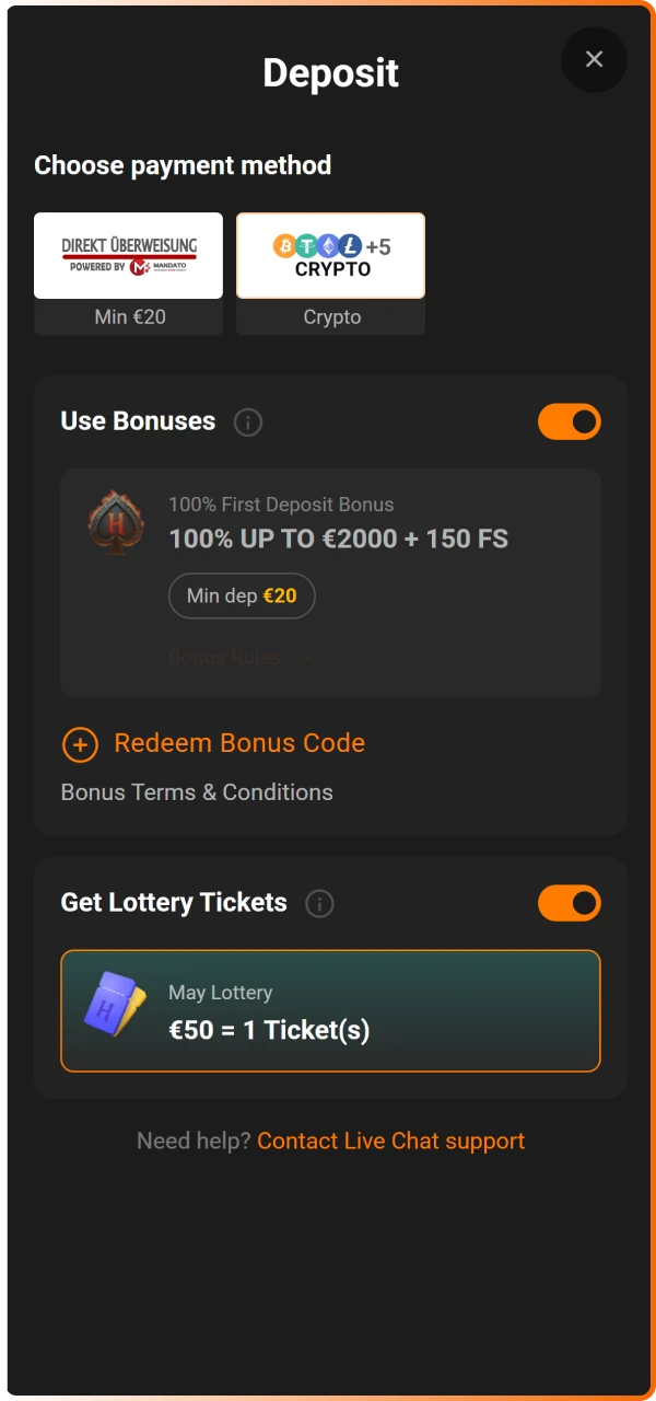 Make your first deposit using our secure payment methods to unlock your welcome offer and start playing.