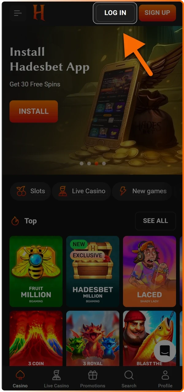 Go to the login page by clicking the sign in button located at the top of the Hadesbet website or app.