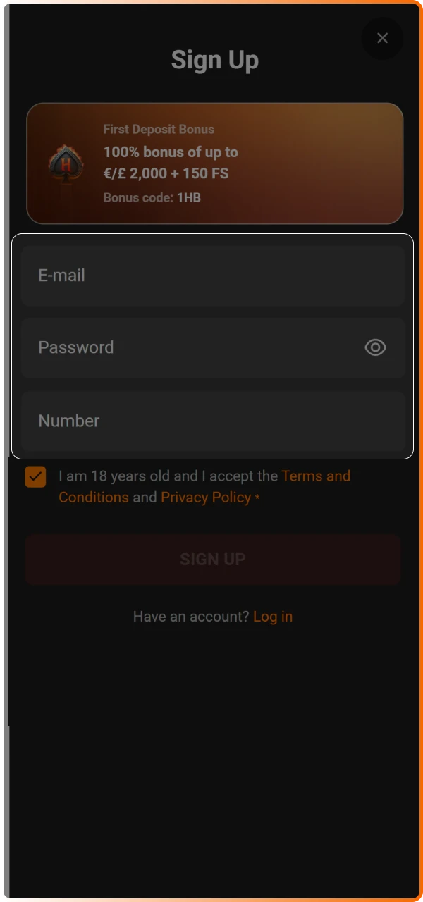 Fill personal details to finalize your registration and start playing.