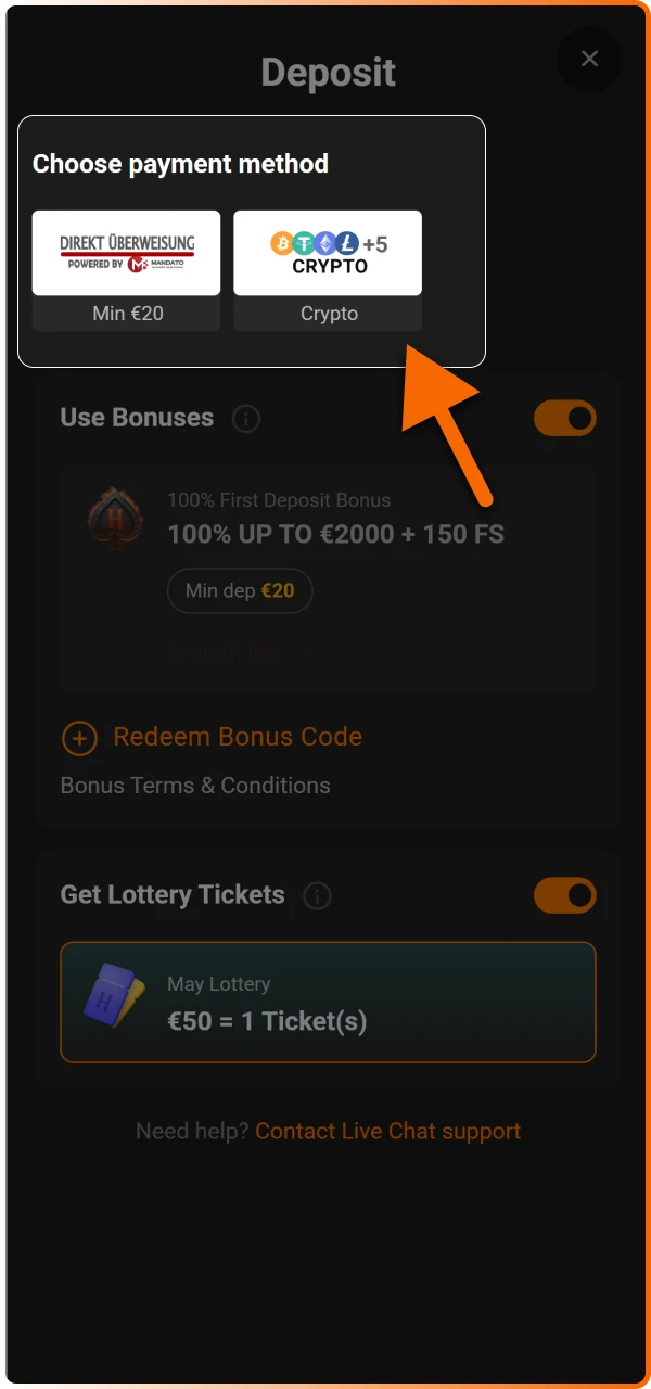 Make a deposit through the secure cashier using one of the available local payment methods.