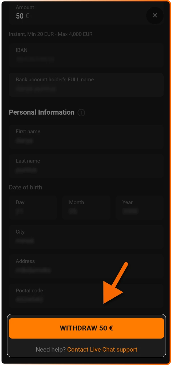 Confirm and submit the request to initiate the processing of your funds by the Hadesbet financial team.