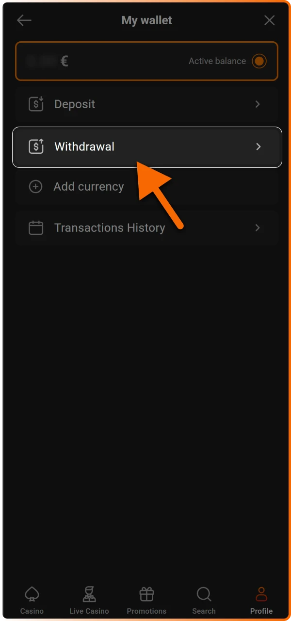 Go to the cashier section found in your profile menu to manage your current balance and pending transactions.