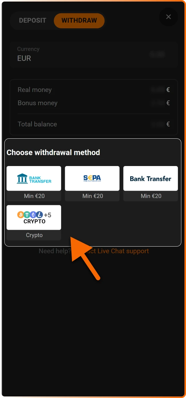 Select withdrawal from the list of banking options to view the payout methods available for your region.